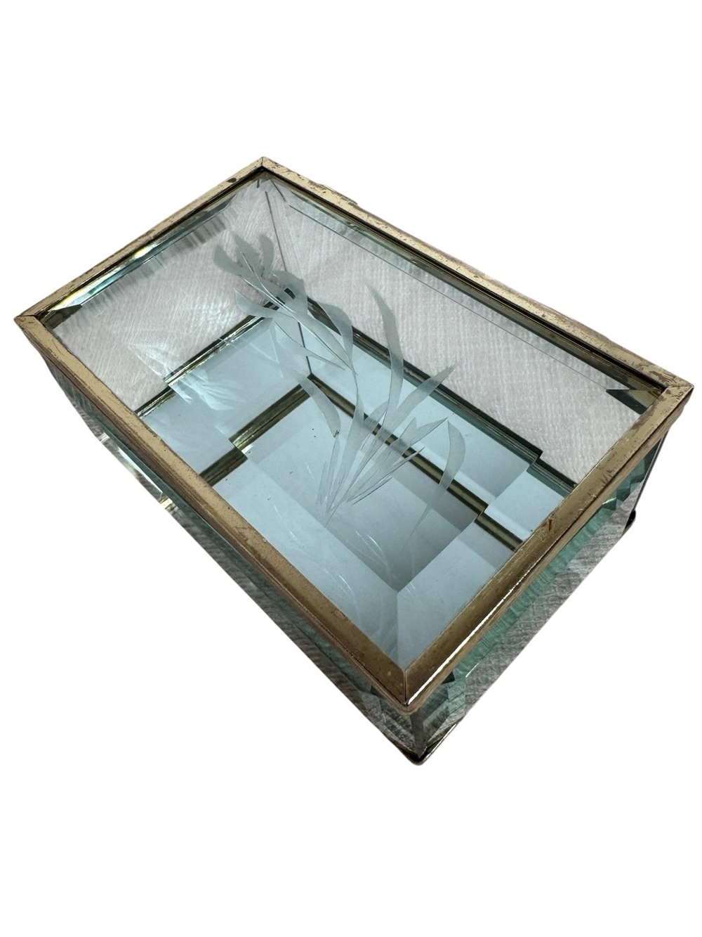 Vintage Beveled Glass Trinket Jewelry Box Etched Floral Brass Tone Flip Lid VGUC